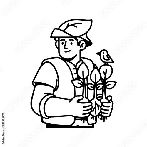 Joyful gardener character with a leaf hat, happily nurturing young plant saplings accompanied by a small bird, symbolizing sustainable growth, environmental care, and the fresh spirit of nature
