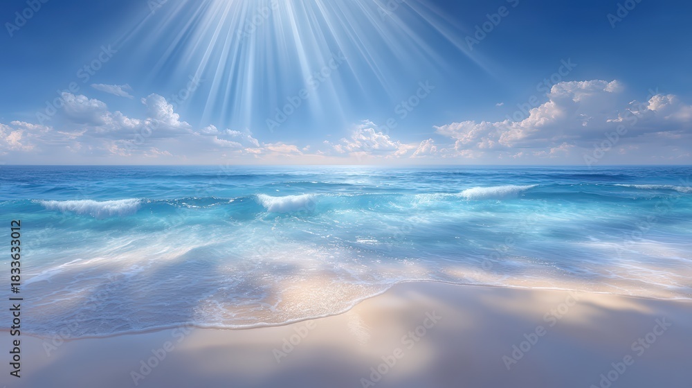 Obraz premium Bright sunbeams stream down through blue sky with clouds over ocean waves washing onto a sandy beach