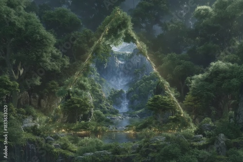 Lush triangle framing a hidden jungle waterfall cascading into a reflective pool with glowing lights