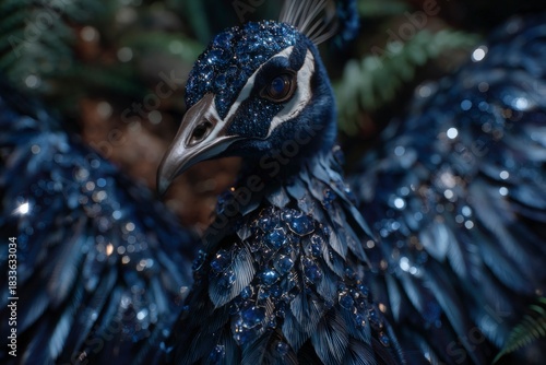 Striking close up portrait of a dark blue mythical bird adorned with sparkling sapphire like gemstones