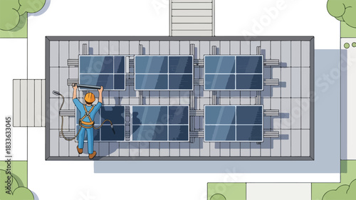 Cartoon Rooftop Solar Panel Installation with Technician in Safety Gear.