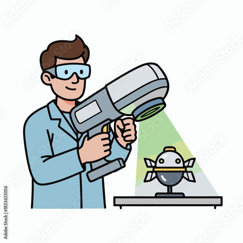 Modern Scientific Research and Development Vector Illustration of a Lab Professional Scanning a Prototype Object. Emphasizing precision and technological innovation in engineering