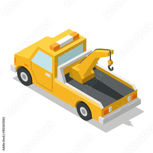 Yellow isometric tow truck for roadside assistance service.