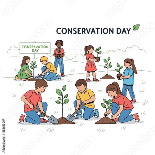 Children Planting Trees for Conservation Day Protecting the Environment, Sustainable Practices