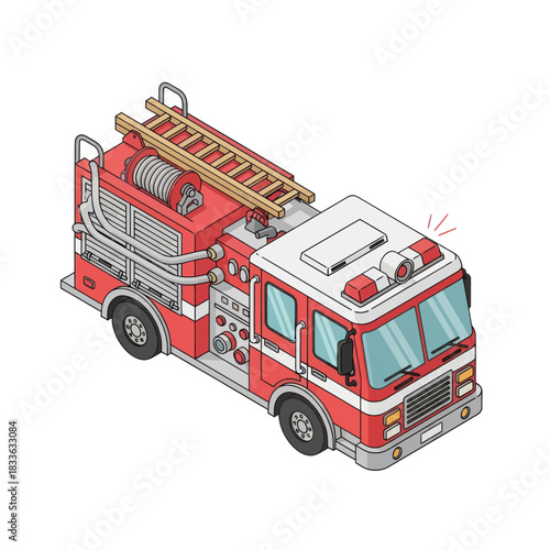 Isometric Illustration of a Fire Engine with Ladder and Emergency Lights.