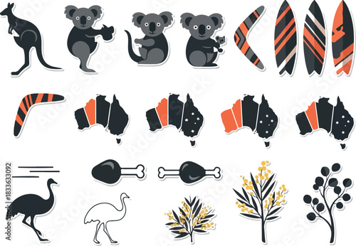 Australia Icons Kangaroo, Koala, Surfboards, Map, Emu, and Plants Flat Vector Set