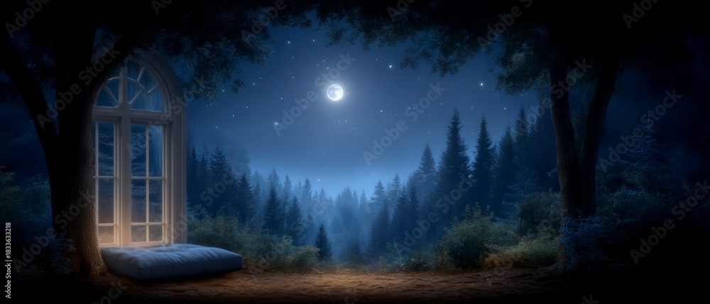 Naklejka premium View from a window seat nestled beside a tree overlooking a misty forest under a bright full moon