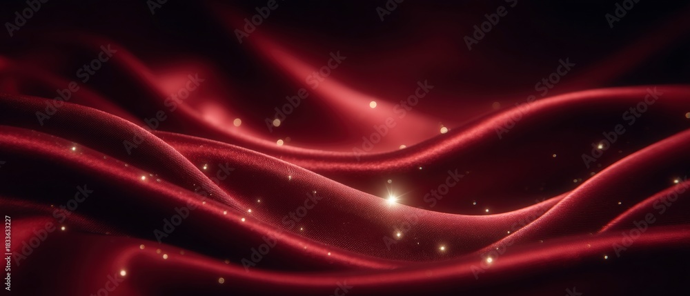 Obraz premium Deep crimson satin fabric waves with sparkling golden glitter dots on a dark background