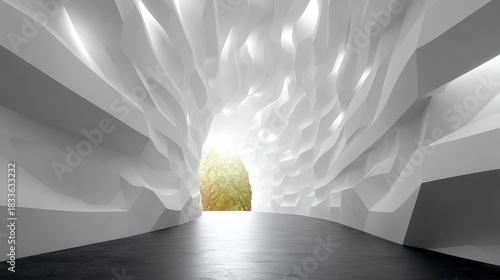 Fototapeta Naklejka Na Ścianę i Meble -  Abstract white futuristic tunnel interior leads toward a bright natural opening with green trees
