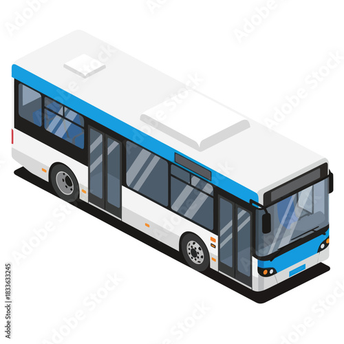Isometric view of a modern city bus with blue and white color scheme.