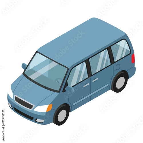 Blue minivan family car in an isometric vector illustration.
