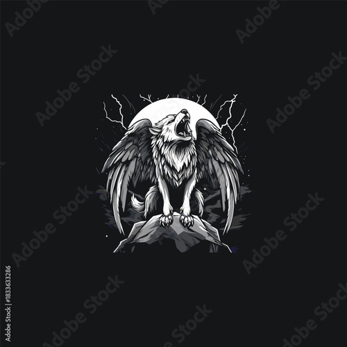Powerful monochrome illustration of a winged wolf howling fiercely on a rocky mountain peak