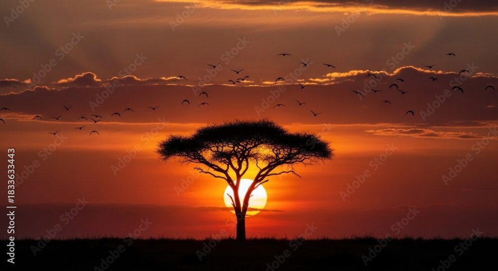 Fototapeta premium A majestic acacia tree silhouetted against a vibrant sunset sky with a flock of birds flying overhead.