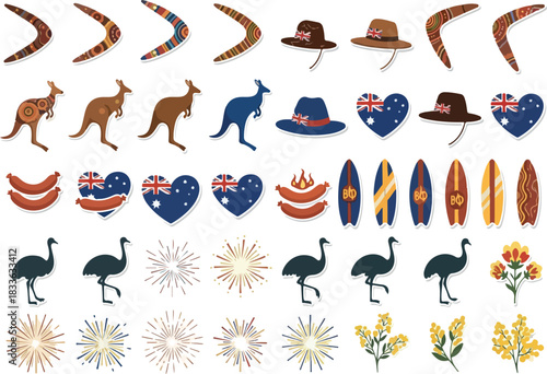Australia Icons Kangaroo, Boomerang, Surfboard, Emu Vector Graphics