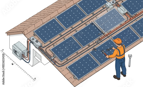 Isometric illustration of a technician installing a residential rooftop solar panel system with wiring and inverter.