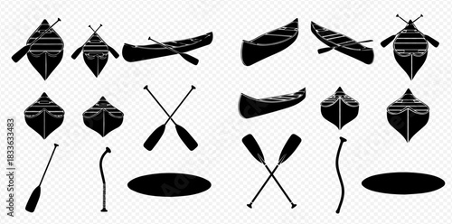 Collection of black canoe and paddle silhouettes in various views and arrangements.