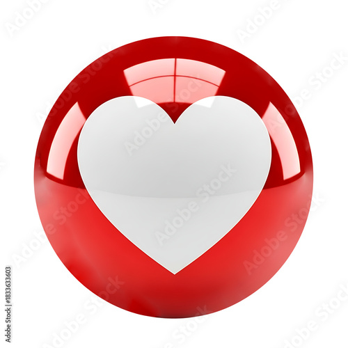 Glossy red sphere with white heart shape reflection isolated on transparent background, png