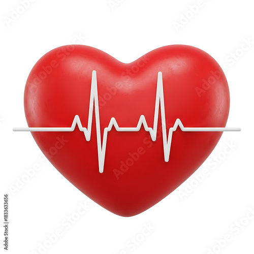 Red heart symbol with white electrocardiogram line isolated on transparent background, png