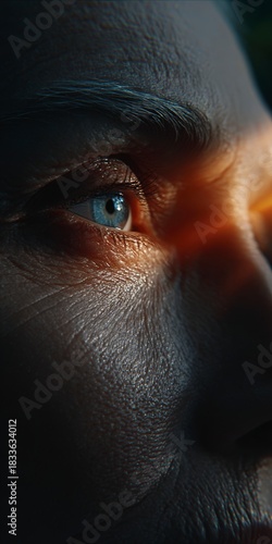 Extreme close up of an older person's blue eye catching warm sunlight with visible skin texture
