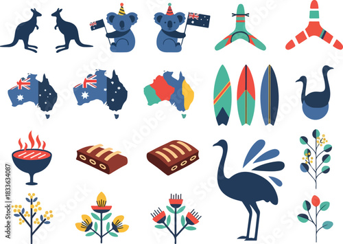 Vibrant Australian Icons Kangaroo, Map, Surfboards, and Native Flora