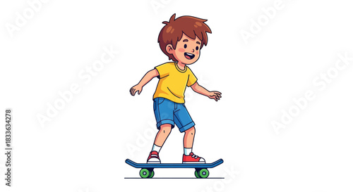 Cartoon Boy Skateboarding with Yellow Shirt and Shorts.