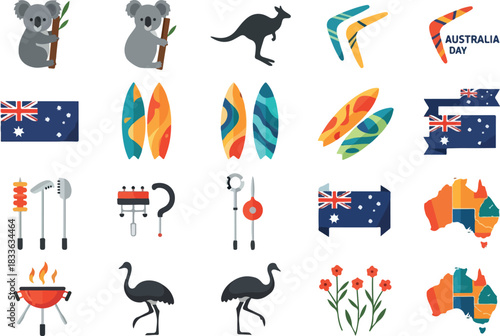 Iconic Australian Symbols Collection Koala, Kangaroo, Surfboards, Flag & More