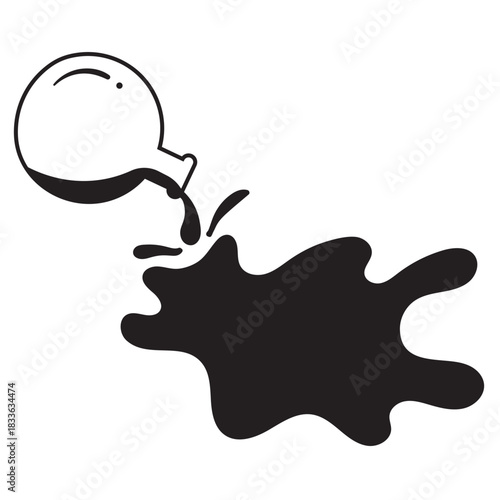Black and white illustration of liquid (ink, paint, or chemical) spilling from a rounded flask or bottle, creating a splash. Suitable for abstract, art, or Thanksgiving recipe mess themes.