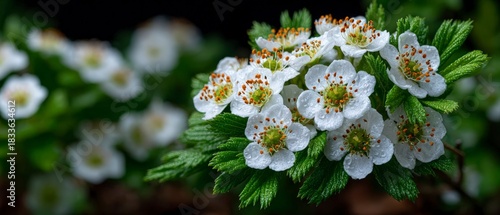 Close up of bright white five petal flowers with orange stamens and green leaves wet with dew