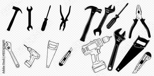 A collection of various hand tools and power tools in both outline and solid black silhouette styles, perfect for construction and DIY projects.