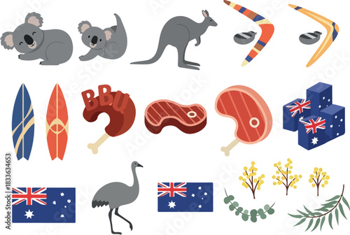 Australia Icon Set Koala, Kangaroo, Boomerang & Australian Flag