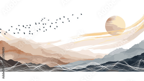 Serene mountain landscape with sun and flock of birds flying in watercolor style Vector