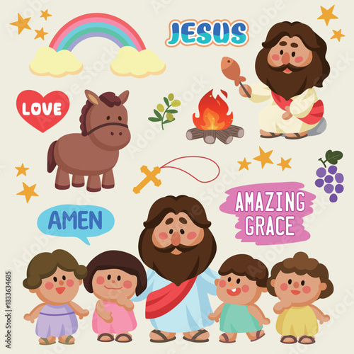 Hand-drawn cute cartoon Christian clipart set. Cartoon Jesus Brown Skin Version for Sunday school, teaching, or children's church media