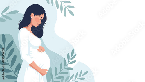 Pregnant woman in white dress holding belly, surrounded by nature-inspired elements Vector