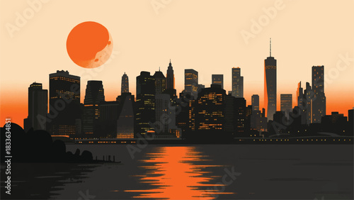 Full Moon Night In The City Illustrator Artwork Banner Background Design Template 