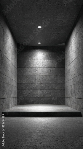 Empty dark concrete room with spotlight illuminating a raised stage or platform against textured walls