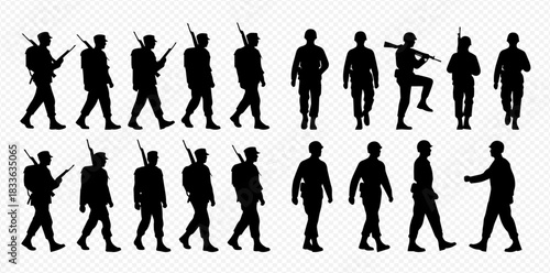 Collection of black silhouettes depicting soldiers in various walking and standing poses, some carrying rifles.