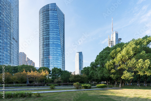 Photography city park with modern building background in shanghai