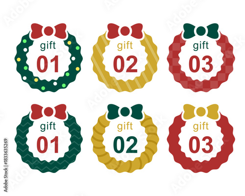 クリスマスリースをモチーフにしたギフト番号タグ（01・02・03）のベクターセット。赤・緑・黄色のバリエーションで、冬イベントやギフト用デザインに使いやすいイラスト素材｜クリスマス,ギフト,リース