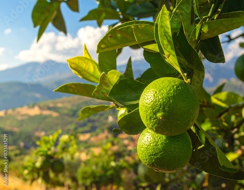 Close-up of green fruit hanging from a vibrant tree branch with lush green leaves. Mountains appear in the background under a blue sky