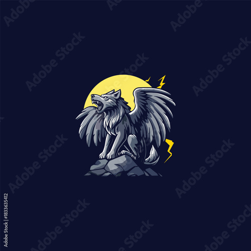 Powerful monochrome illustration of a winged wolf howling fiercely on a rocky mountain peak