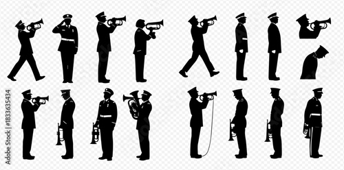 Silhouettes of military band members playing brass instruments and marching in various poses.