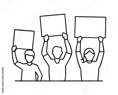 Continuous line art drawing of a protesting crowd holding up blank signs, symbolizing unity, activism, and public demonstration on white.
