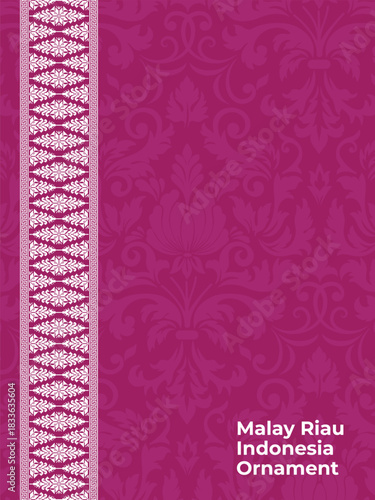 Riau Malay motif in purple-magenta with a white side ornament and dark floral background, suitable for book covers, invitations, and banners