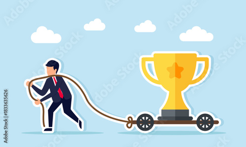 Businessman moving a trophy by placing it on a wooden cart and pulling it with a rope illustration of effort to maintain a leading company status