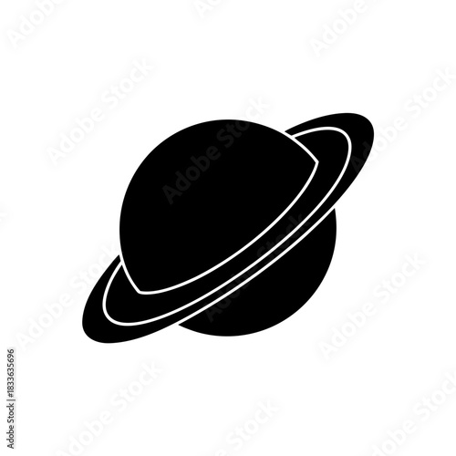 Black planet with rings on transparent background silhouette