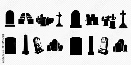 Collection of black silhouette gravestones, tombstones, and crosses for cemetery and Halloween designs.