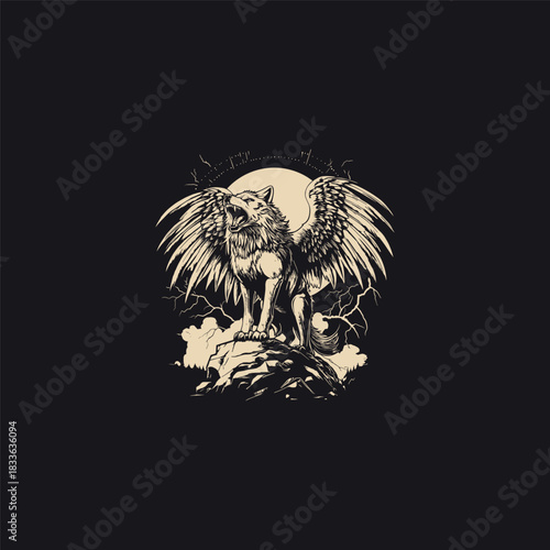 Powerful monochrome illustration of a winged wolf howling fiercely on a rocky mountain peak