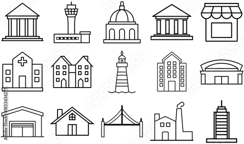 Set of diverse outline building icons for urban infrastructure