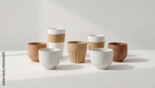 Various ceramic cups and mugs of different sizes, shapes, and colors are arranged on a bright, white surface, showcasing a minimalist aesthetic with subtle shadows and clean lines, offering a serene..