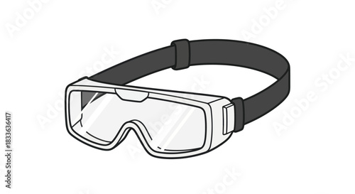 Black and white illustration of protective goggles with a thick black strap.